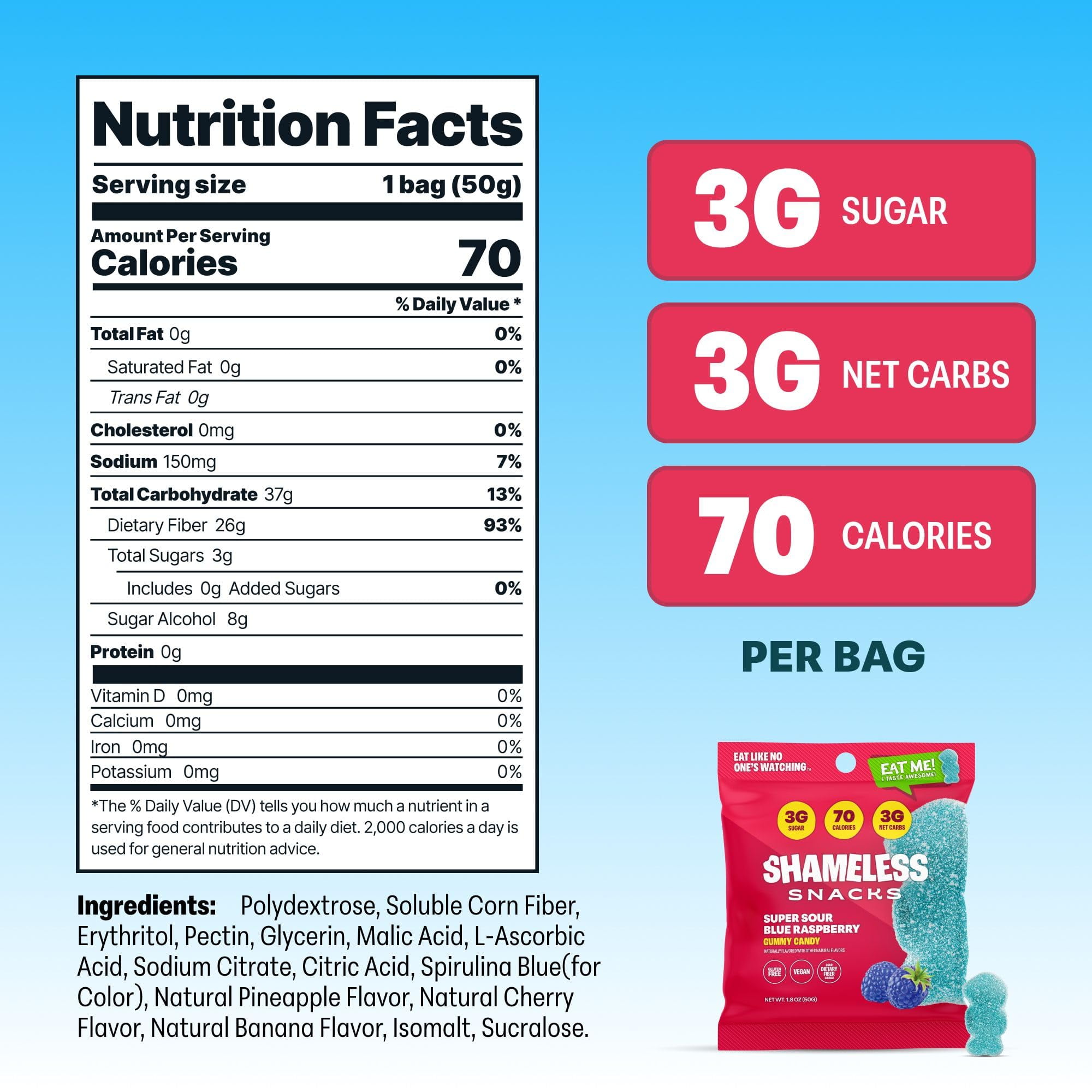Shameless Snacks Super Sour Blue Raspberry - Sour Candy & Fruit Snacks, Gummy Candy, Keto Snacks in Bulk, 3g Sugar Gluten Free Vegan for Kids & Adults
