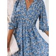 thumbnail image 4 of Robes pour Femmes Manches Bouffantes Imprimé Floral Taille Froncée Col en V Boho, 4 of 5