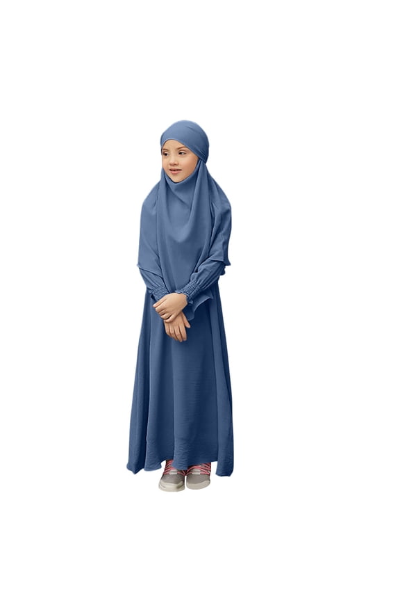 Girls Muslim Long Sleeve Dress Ramadan Abaya with Hijab Prayer Clothes Kaftan Dress Robe Size 3-12 Years