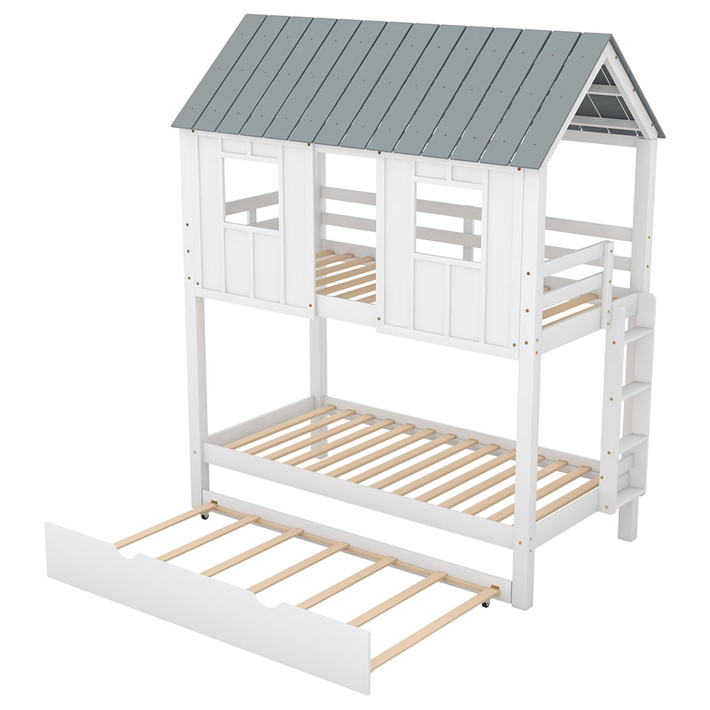 Kadyn Kids Bunk Loft Bed with Rollers/Roof/Windows, White Kadyn Kids Bunk Loft Bed with Rollers/Roof/Windows, White