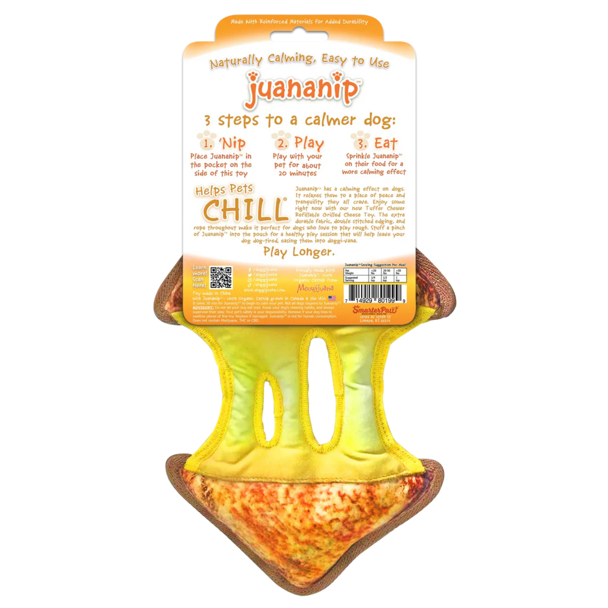 Doggijuana Tuffer Chewer Plush Dog Toy with Juananip Catnip, Squeaky Refillable Toy, Grilled Cheese