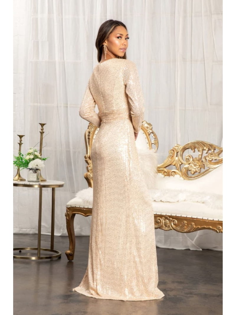 Women's Elizabeth K Sequin Long Sleeve Dress Gl3063 Champagne Goldish Beige  Size 4XL - Walmart.com
