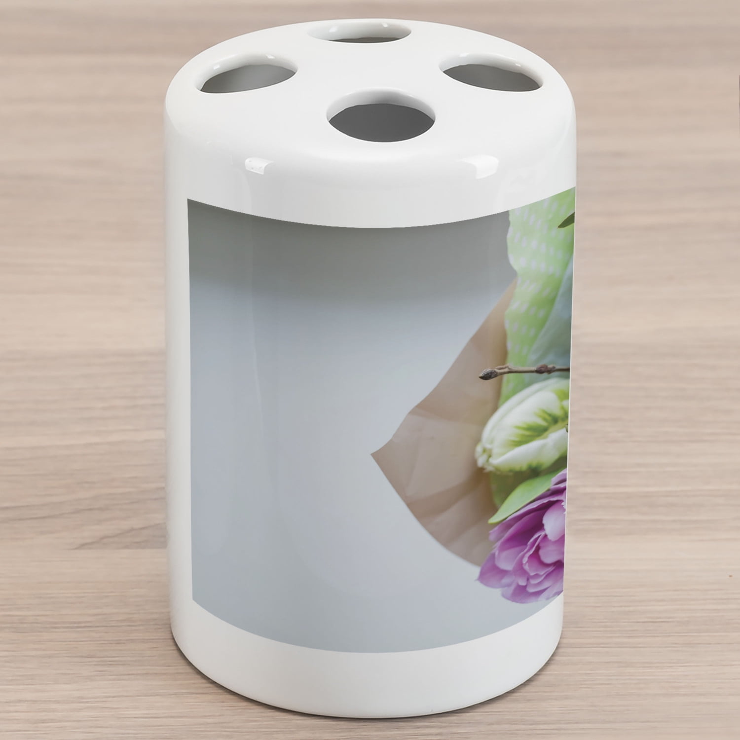 Peony Ceramic Toothbrush Holder, Romantic Photo of Colorful Blossom Mix Floral Bouquet, Decorative Versatile Countertop for Bathroom, 4.5' X 2.7', Lilac Multicolor