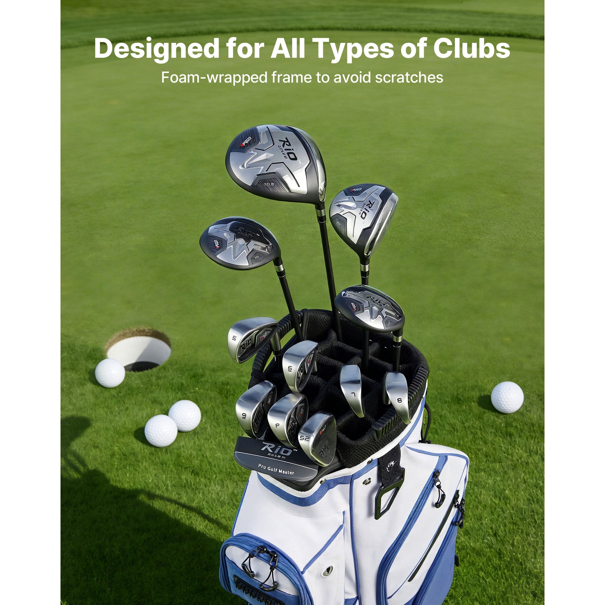 KFFKFF Golf Cart Bag with 15-Way Divider, Full-Length Club Organizer, Multiple Storage Pockets, Comfortable Shoulder Strap, Protective Rain Cover, Durable Zippers, Lightweight Polyester