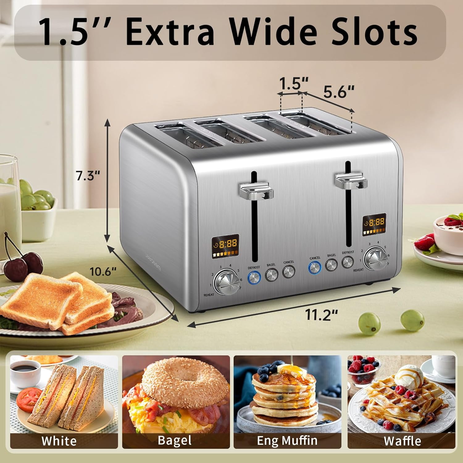4 Slice Stainless Toaster with LCD Display, 7 Shade Settings, Wide Slots, Bagel/Defrost/Reheat Functions, Removable Crumb Tray, 1800W