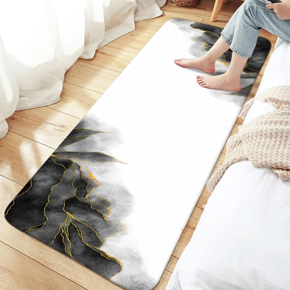 Black and Gold Marble Bath Mat for Bathroom, Modern Abstract Dark Grey Gray White Floor Rugs Mats Non Slip Cute Ombre Bathroom Decor Accessories 17X29 Inches Kitchen Bedroom Indoor