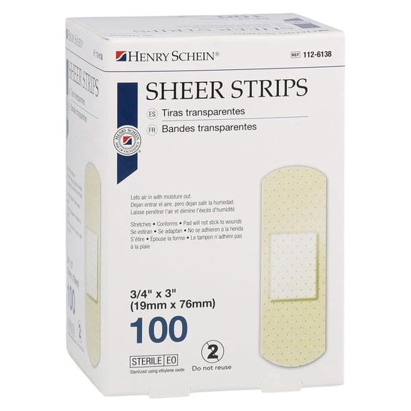 Henry Schein Sheer Adhesive Bandage Strips for Wound Care, Sterile Medical Supplies, 100-Count