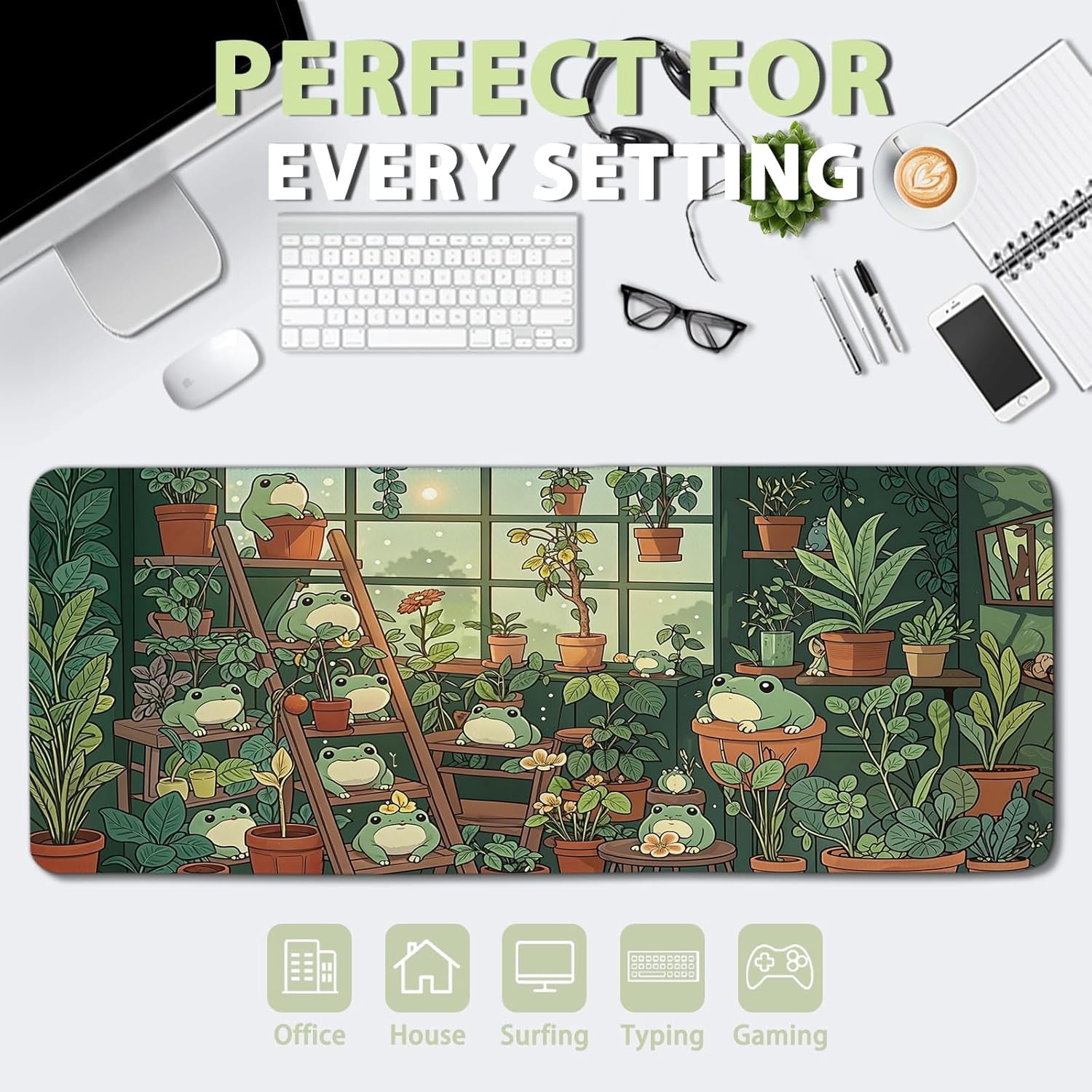 Frog Gaming Mouse Pad, Lush Green Nature Theme Mouse Pad, Indoor Frog Mousepad, Whimsical Frog Mousepad, Game Desk Accessories for Boy, Large Desk Mat for Keyboard Mouse 11.8”x 31.4” XL
