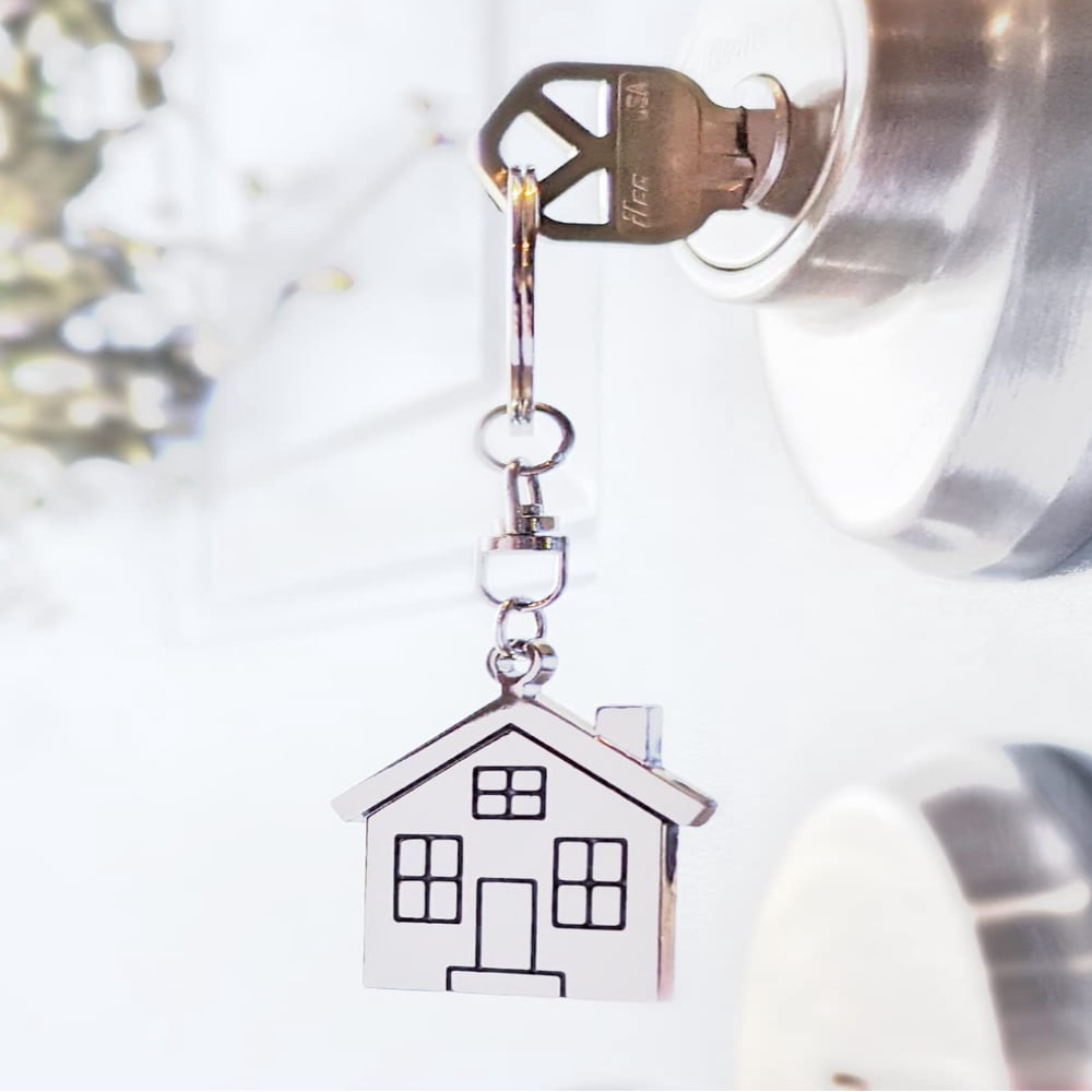 New Home Keychain, 5 Pack, Metal Keyring with Stamped House Pendant Charm
