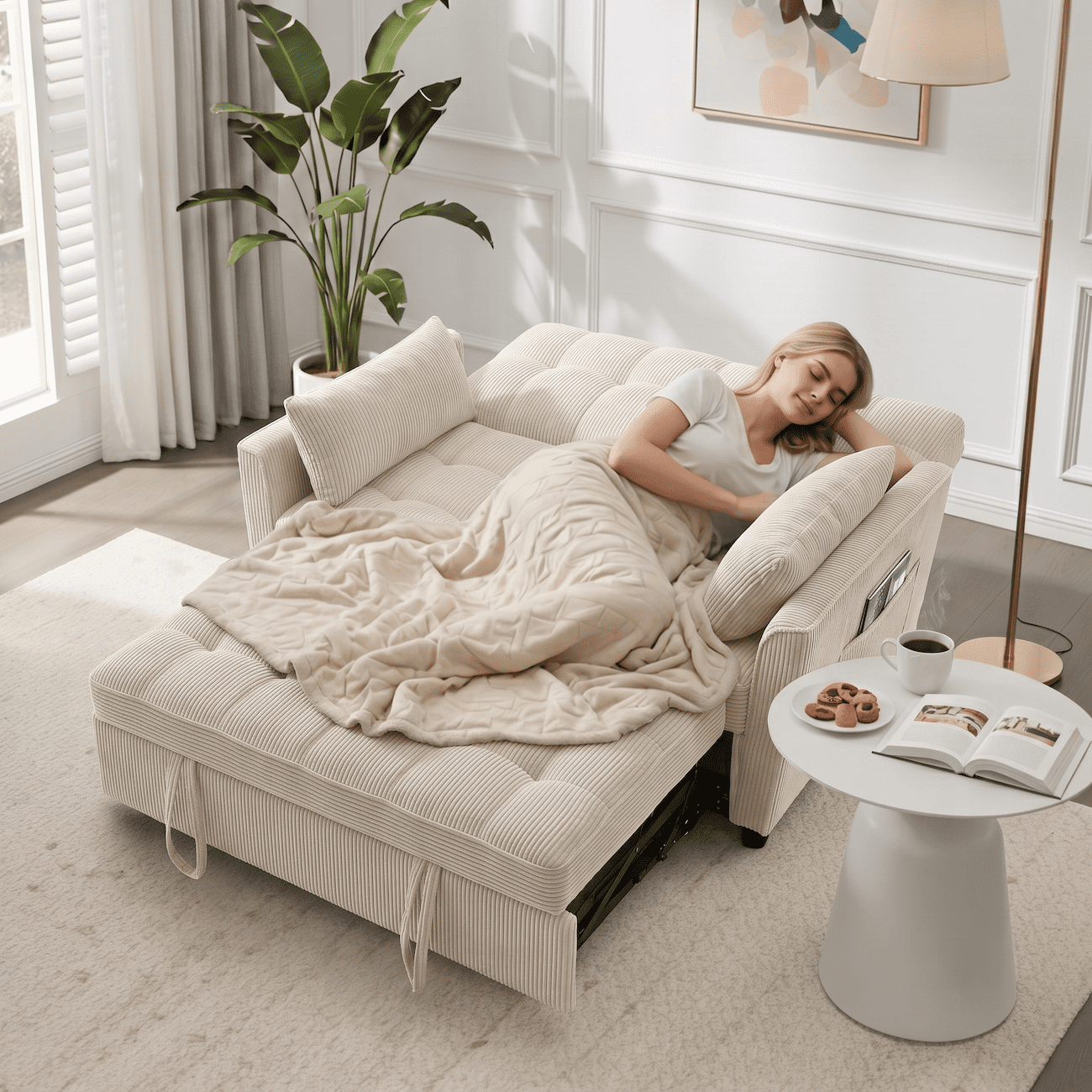 Xiweot 54" Sleeper Sofa Bed, Convertible Pull Out Couch for Living Room Apartment, Velvet Futon Loveseat Sofa Bed with Adjustable Backrest, Side Pockets, 2 Pillows, Easy Assembly (Beige)