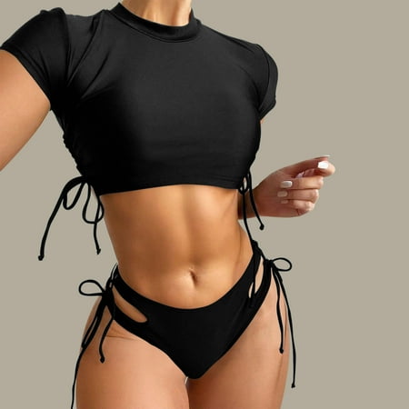 Yteetum Bikinis Sets for Women Fashion Summer Solid Color Bathing Suit Ladies No Steel Support Sexy Backless Strap V Neck Swimsuit with Padded Bra L - Summer Savings Clearance