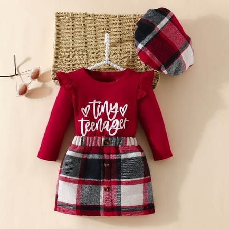 

uublik Girls Clothing Sets Long Sleeve Round Neck Top Plaid Button Skirt Beret Three Piece Set