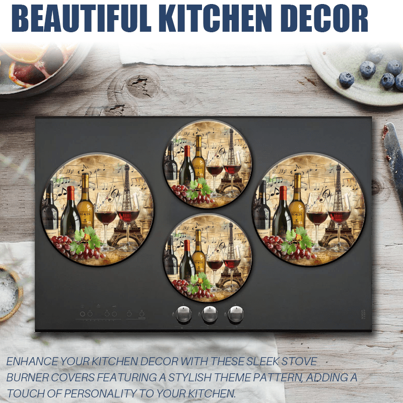 BaHomeck Electric Stove Burner Covers Set of 4,Round Metal Gas Stove Burner Covers 8 Inch and 10 Inch,Kitchen Decor,Vintage Musical Notes And Wine Bottles