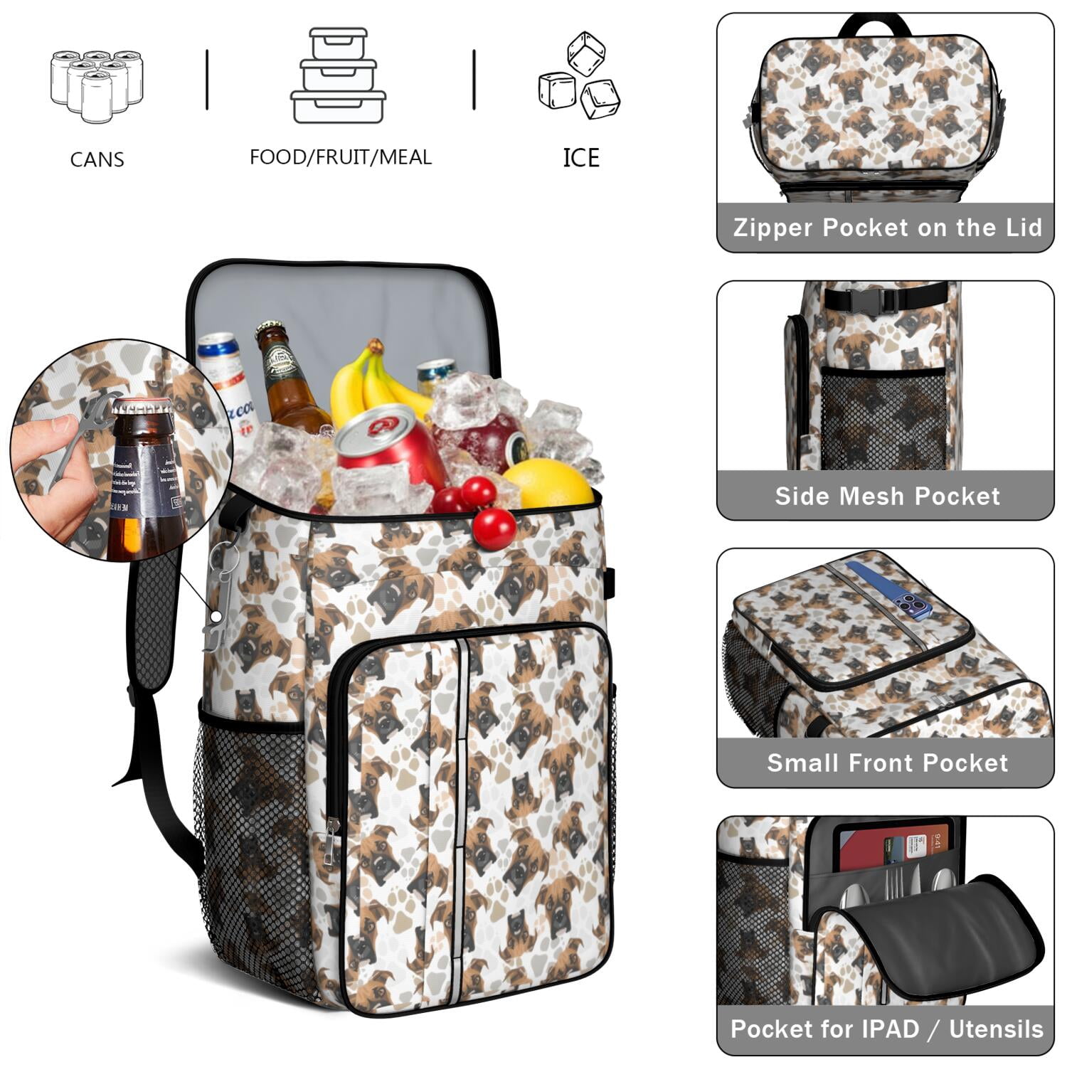 Travel Cooler Bag - Cute Doberman and Dog Footprint Camping Beer Cooler Backpack with Bottle Opener- Waterproof Insulated Picnic Backpacks - Cooler Bag for Beach
