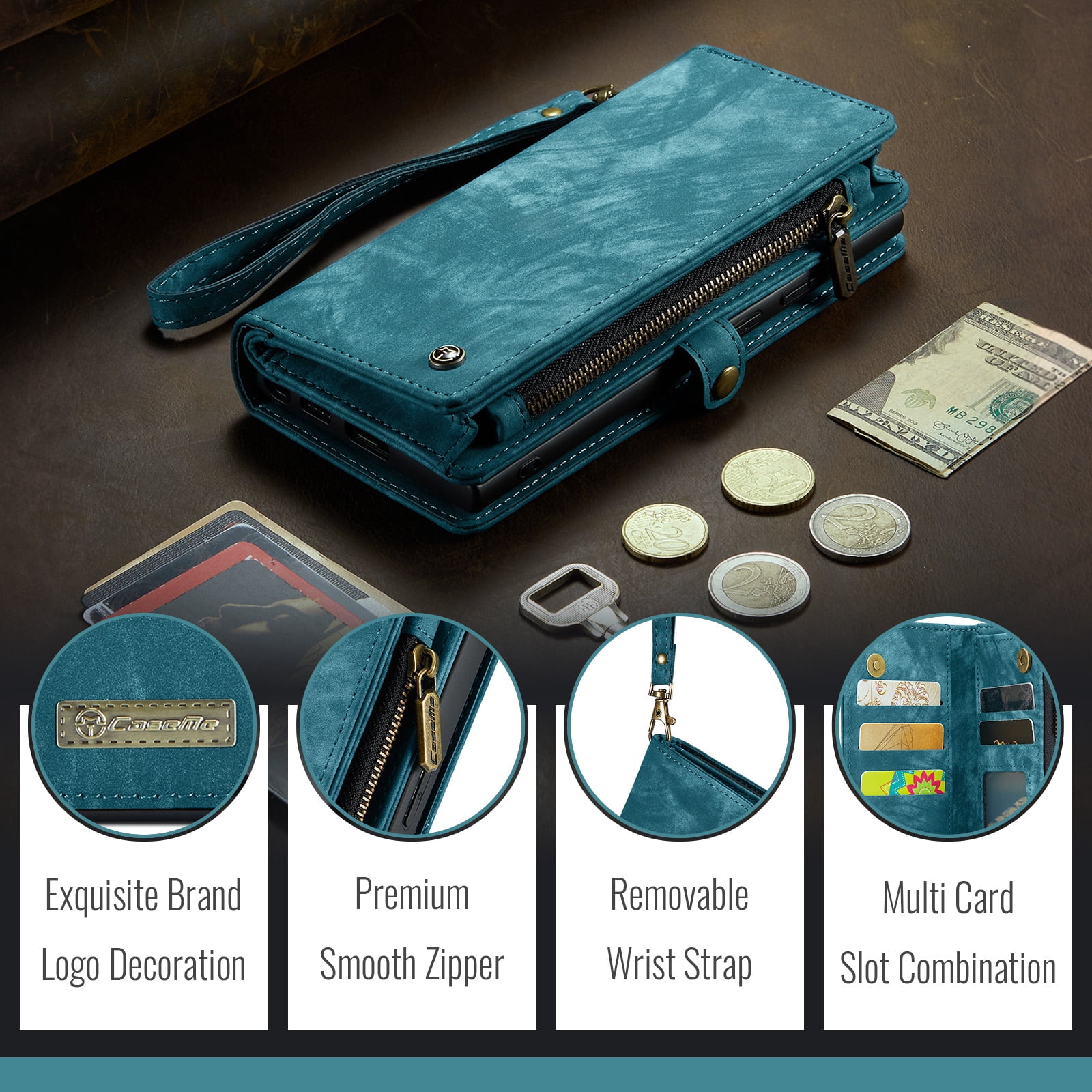 Dteck 2 in 1 Detachable for Samsung Galaxy A16 5G Wallet Case with Card Holder, Shockproof Retro Premium Flip Leather Cover Magnetic Zipper Pocket Phone Cases, Green