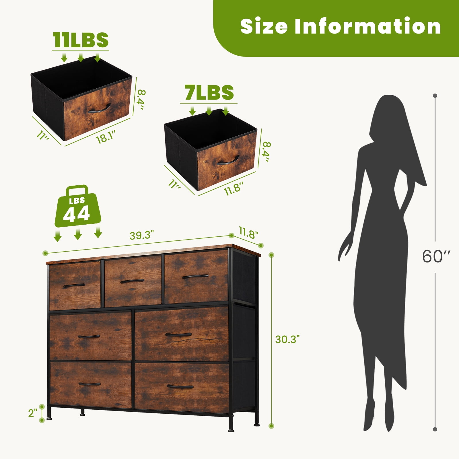MCQ 7-Drawer Fabric Dresser with Metal Frame & Wood Top – Storage Organizer for Bedroom, Closet, Entryway, Rustic Brown