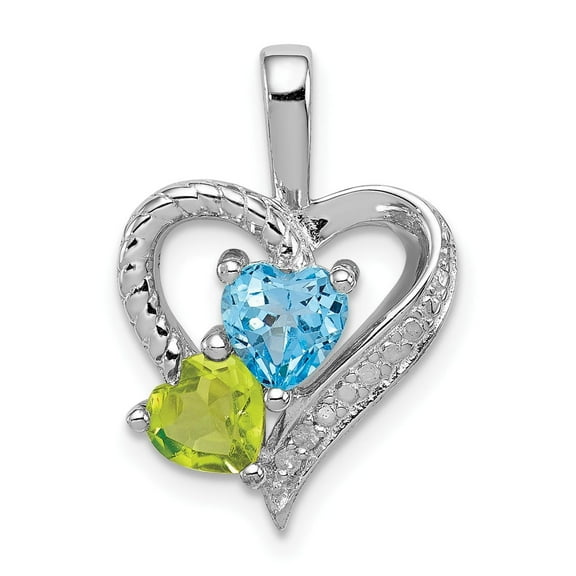 Sterling Silver Double Heart Pendant Necklace with Blue Topaz and Green Peridot for Women, Mothers, Grandmothers, Textured and Polished Birthstone Jewelry