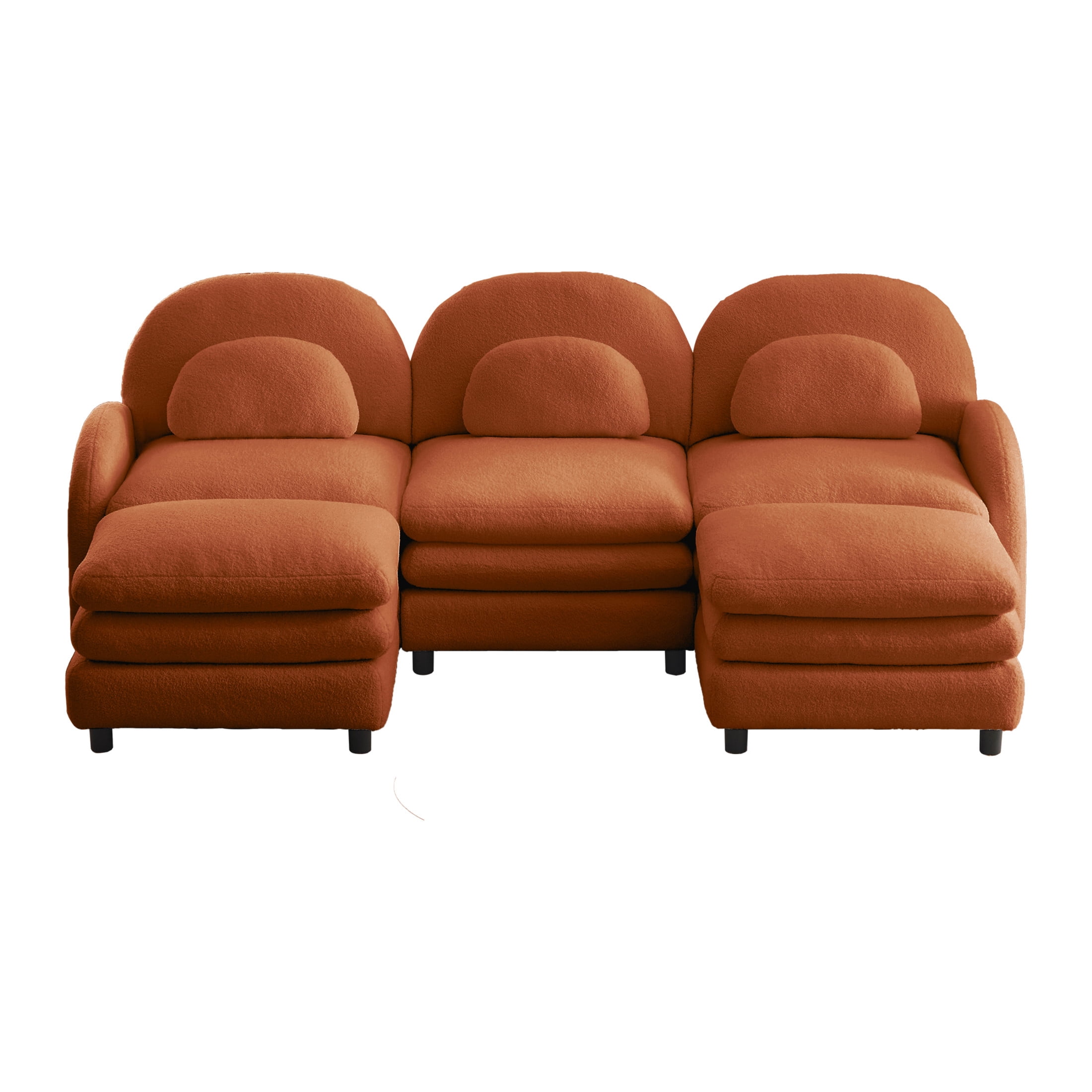 Noble House Windsor Teddy Fabric 3-Seater Sectional Sofa, Modular Cloud Couch with 2 Ottomans and Lumbar Pillows, Orange