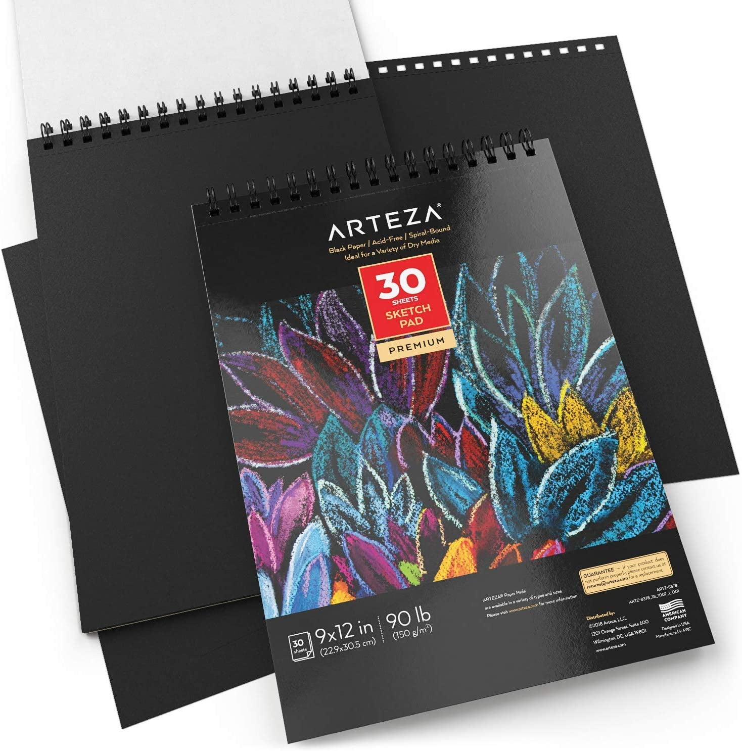 Arteza Sketchbook, Spiral-Bound Hardcover, Black, 9x12 inch, 200 Pages of Drawing Paper Each - 2 Pack