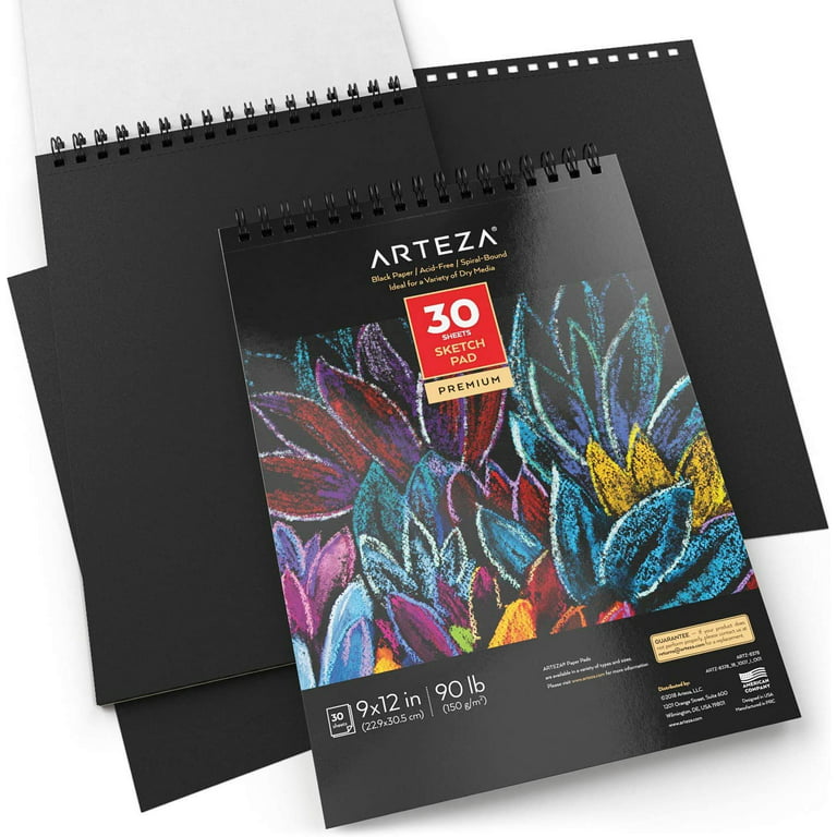 Arteza Black Paper Sketch Pad, 9x12, 30 Sheets of Drawing Paper - 2 Pack
