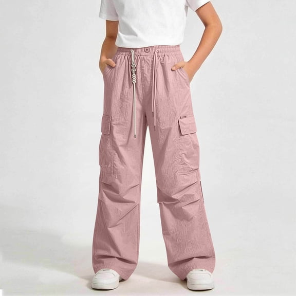 ITSAME Girls Cargo Pants Wide Leg Multi-Pocket Elastic Waist Kids Loose Casual Pants Pink Size 15-16