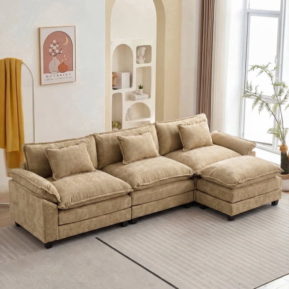 IPKIG 4-Seat Sectional Sofa with Ottoman, Modern Sleeper Couch in Soft Khaki Chenille Fabric for Living Room, Deep Seating Cloud Couch