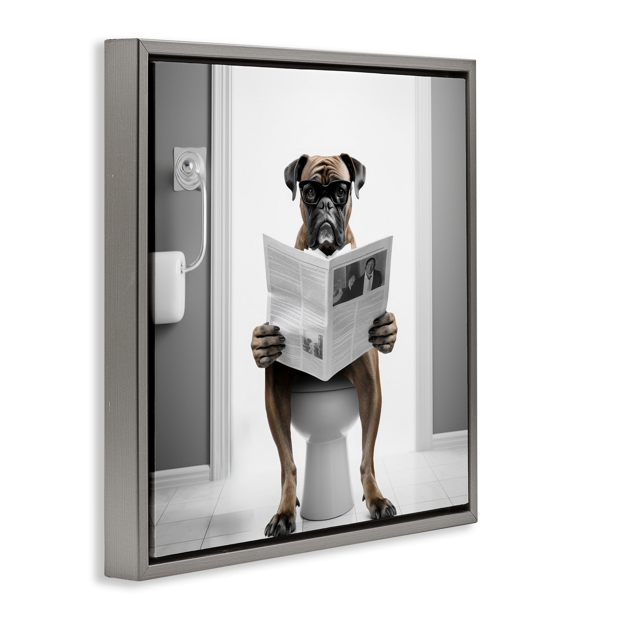 Stupell Industries Boxer Dog & Newspaper Animals & Insects Painting Gray Floater Framed Canvas Art Print Wall Art, 25 x 25