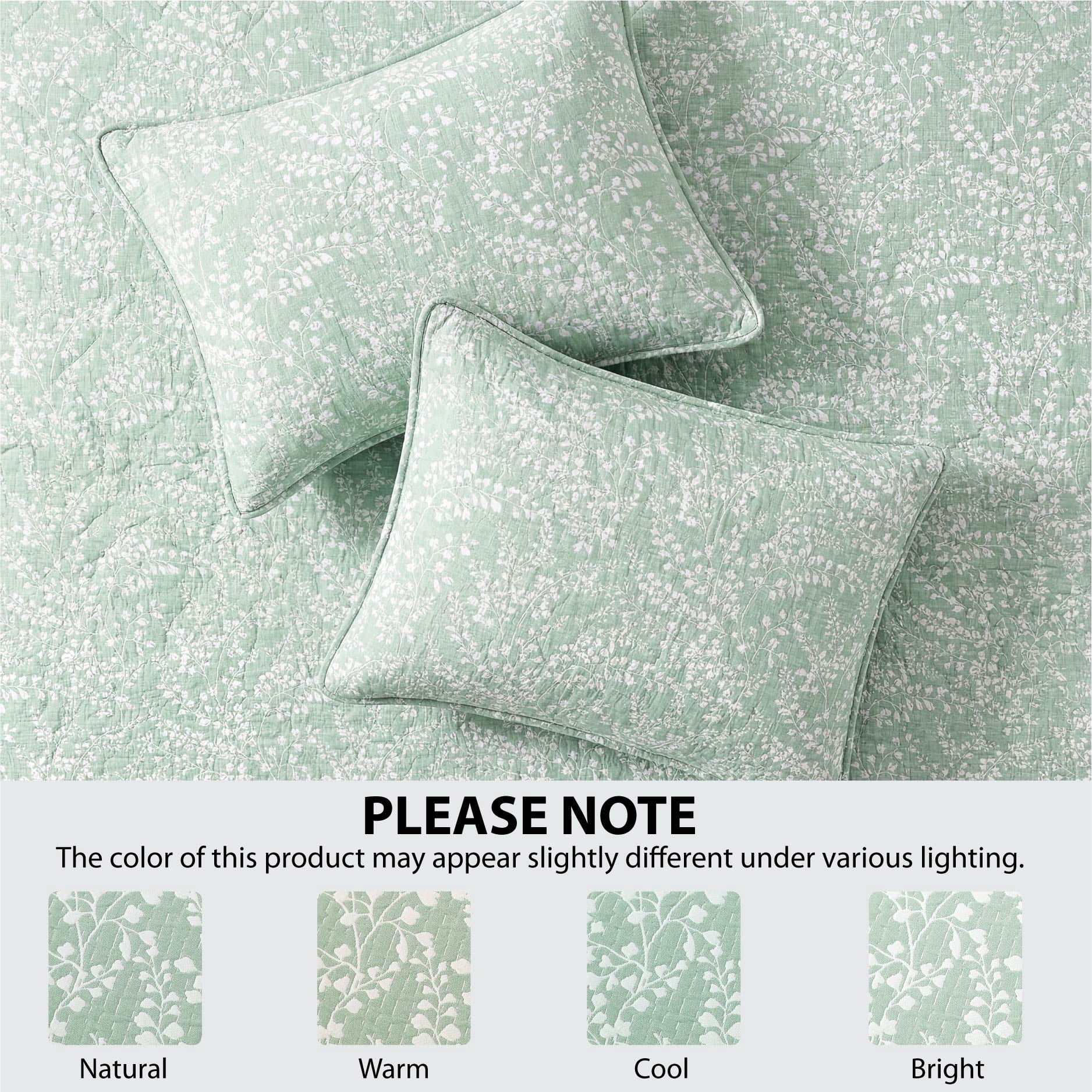 Mainstays Botanical Floral Stitched Pillow Sham, Standard, Light Green, 1 Pack