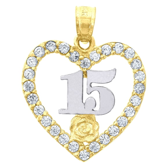 14k Gold Womens Two-Tone Cz 15 Anos Heart Quinceanera Ht:21.7mm Pendant Charm