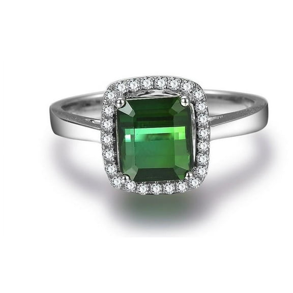 Perfect 1.50 Carat Green Emerald 6mm Princess Cut And Moissanite Diamond Halo Engagement Ring in 10k White Gold