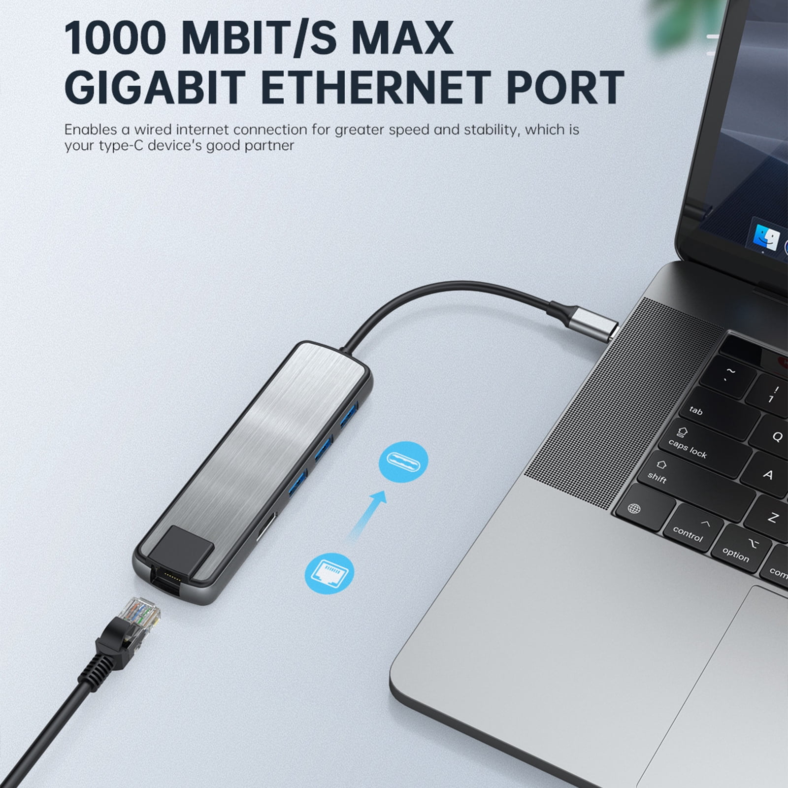 USB C Docking Station 6 in 1 Auminum USB C to USB3.0 PD60W Gigabits Ethernet Port 3x USB3.0 Adapter for Laptops