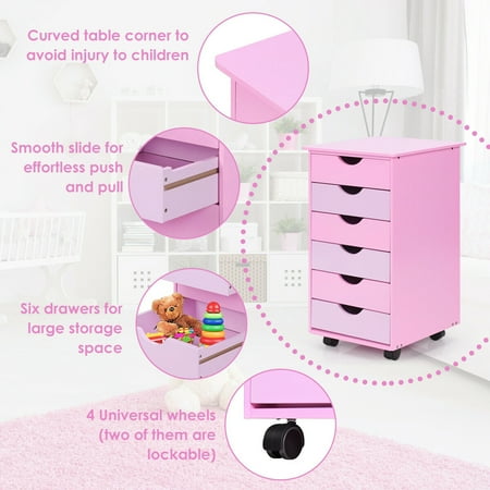 6 Drawer Wood Mobile File Cabinet Rolling Organizer Storage Office Pink Walmart Canada