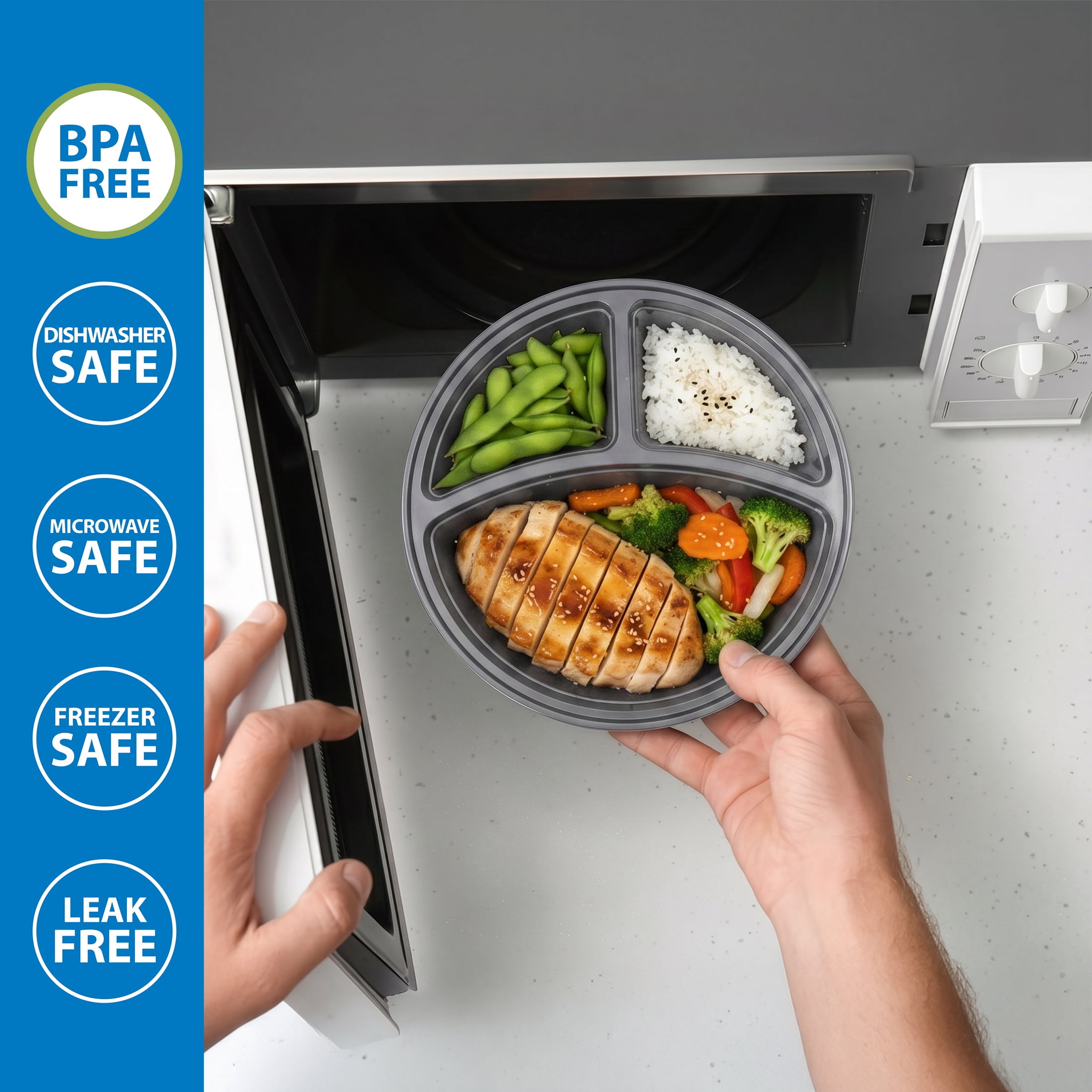 Mainstays 5-Pack 3-Compartment Round BPA-Free Plastic Meal Prep Food Storage Containers, 1 L, Soothing Grey
