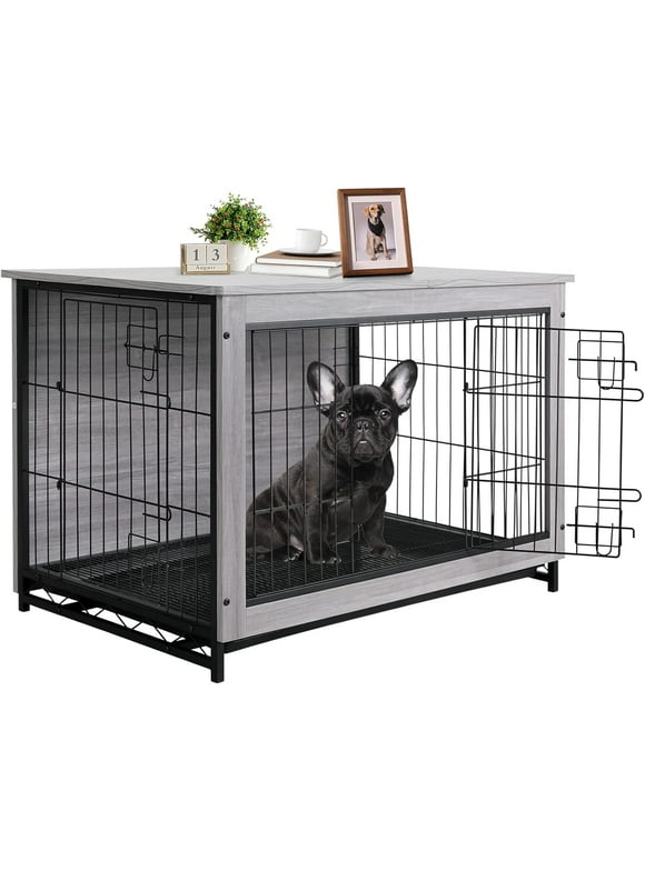 LAZY BUDDY Dog Crate Furniture Modern Dog Kennel, 29.1" Dog Cage with Double Doors and Pull-Out Tray, for Small Dogs Under 30 lb(Grey)