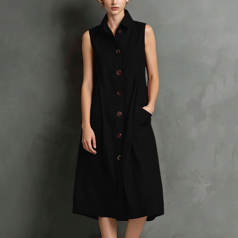 black button up dresses Efsteb for Women Sleeveless Lapel Shirts Dress Solid Color Casual Comfortable Loose Fit Shirts Dress with Pockets (Black,S) girls dresses collection Mens Dress Sneakers Wide Condition:Excellent it offers breathable comfort