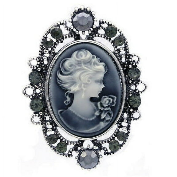 Medium Gray Cameo Brooch Pin Charm Antique Silver Tone Black Stone Oval Charm j1