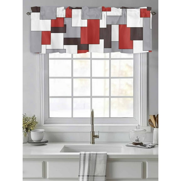 Red Color Block Grey Abstract Geometric Valances for Windows,Kitchen Valance Rod Pocket Short Curtain,Mid Century Modern Abstract Valance Curtain Window Valances for Bedroom Living Room 54"x18"