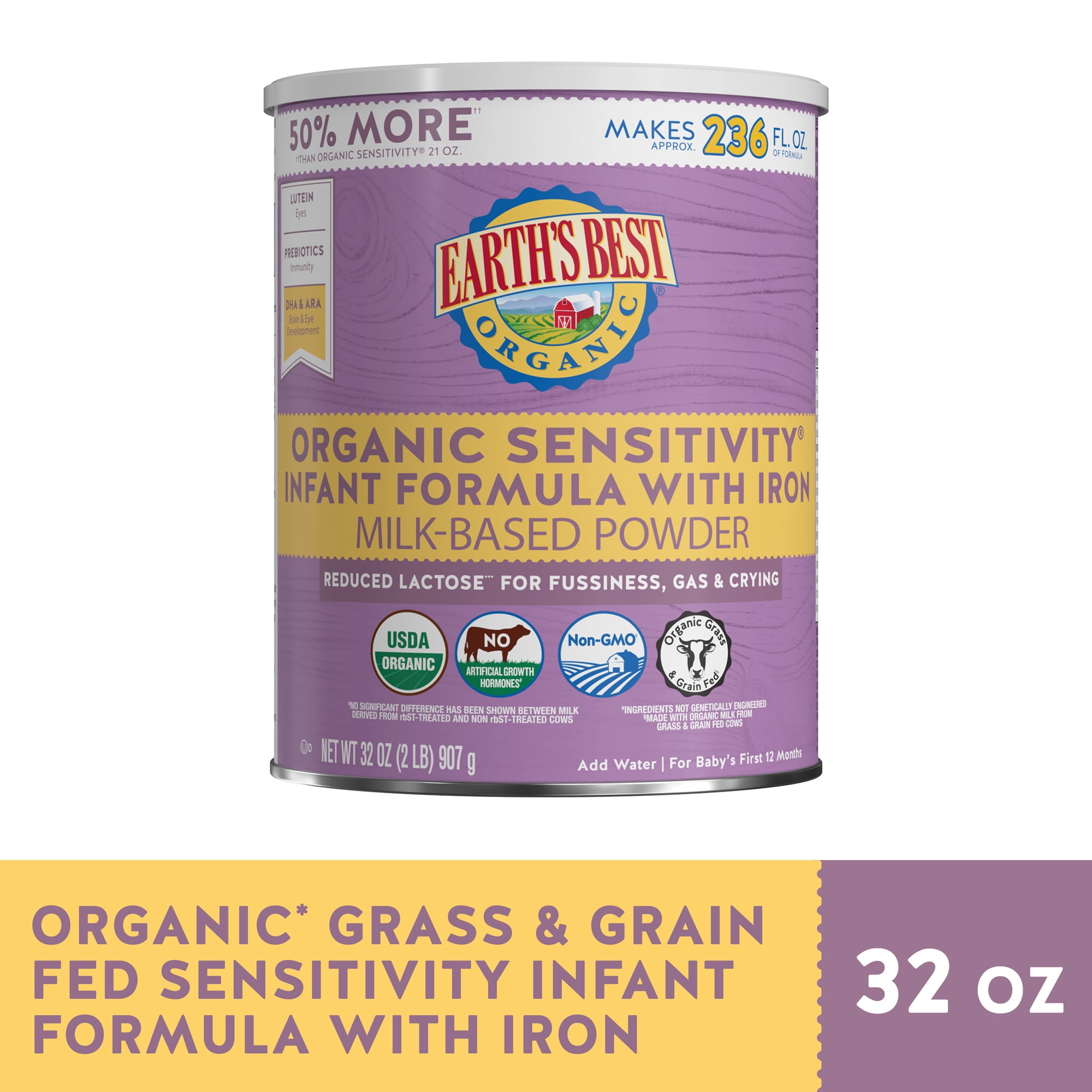 Earth's Best Organic Sensitivity Powder Baby Formula with Iron DHA & ARA, 32 oz Canister