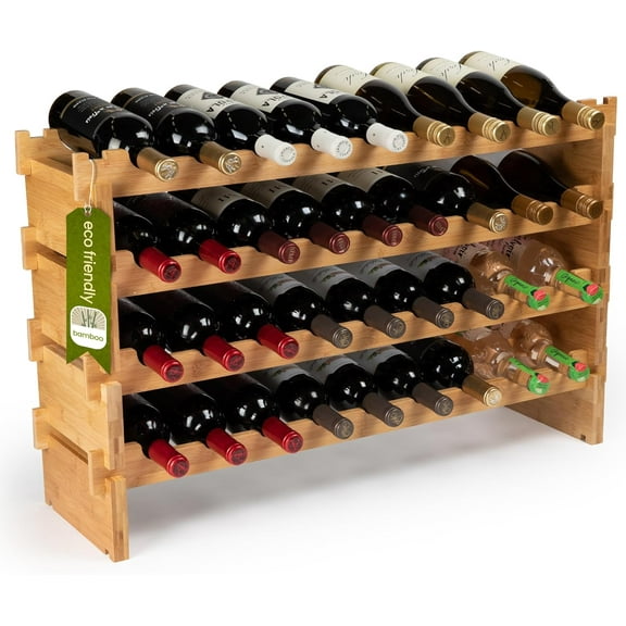 DECOMIL - 36 Bottle Large Wine Rack, Stackable & Modular Wine Storage Rack, Solid Bamboo Wine Holder Display Shelves, Wobble-Free (Four-Tier, 36 Bottle Capacity)