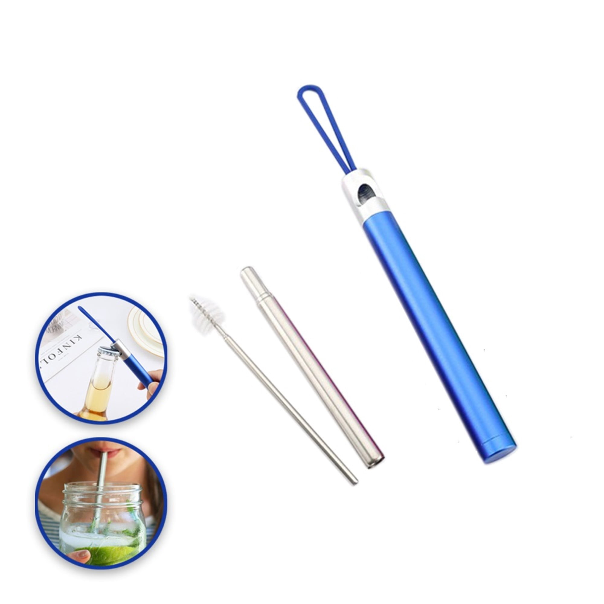 Stainless Steel Collapsible Reusable Straw with Bottle Opener Blue