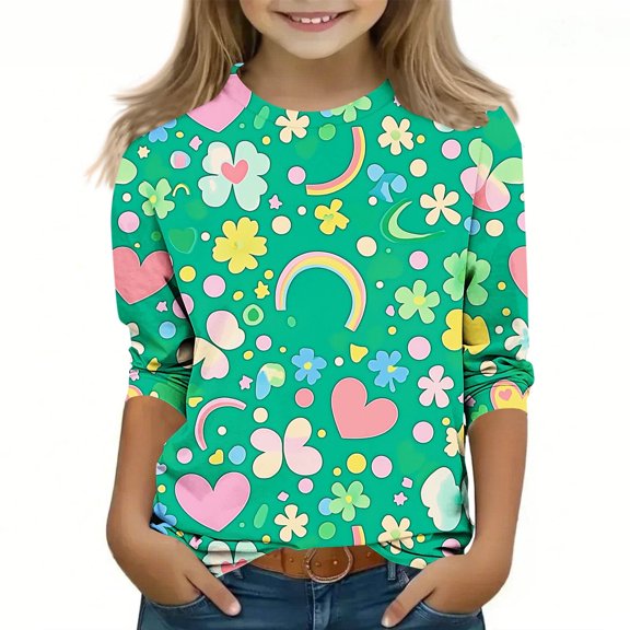 Girls St Patrick's Day Shirt Long Sleeve Crewneck, Soft Stretch Clover Rainbow Print Top for Kids, Green Multicolor Holiday & Everyday Tee,Size 10-11T