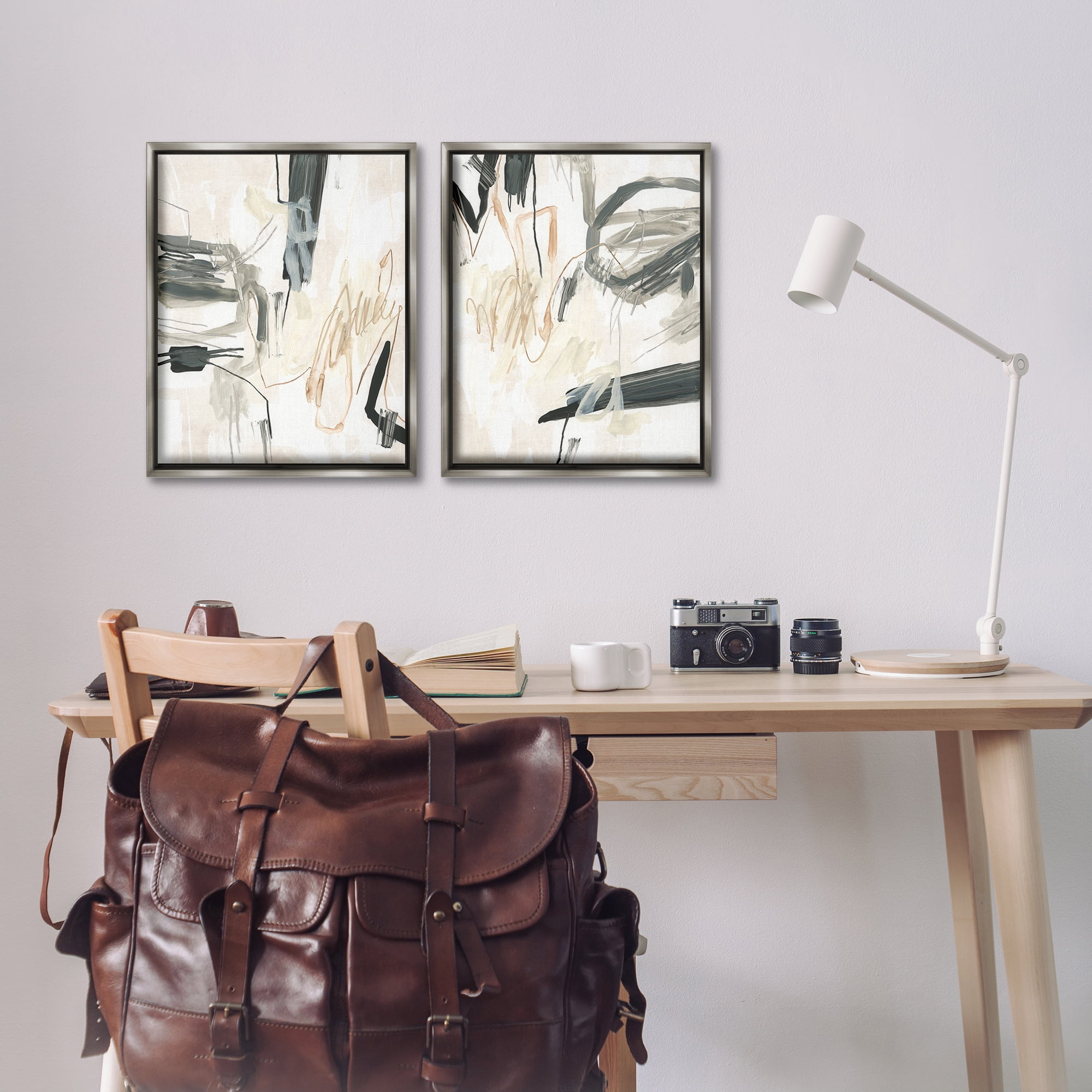 Stupell Industries Abstract Squiggly Beige Lines Abstract Painting Gray Floater Framed Canvas Art Print Wall Art, 17 x 21, Set of 2