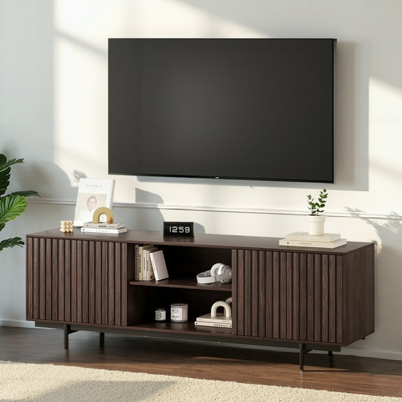 STARY Rattan TV Stand for TVs, Wood TV Stand Mid Century Modern TV Stand TV Media Console with Drawer and 2 Cabinets, Boho Entertainment Center for Living Room