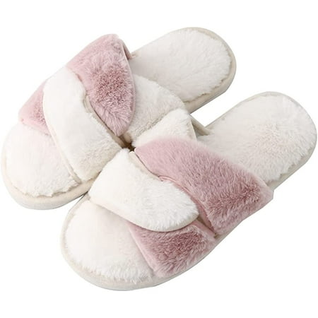 

DanceeMangoo Women Crossband Open Toe Warm Slippers Memory Foam Soft Fleece Plush House Slippers Indoor Outdoor