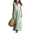 thumbnail image 3 of ClodeEU Women's V Neck Half Button Striped Sleeveless Maxi Dress with Pockets,Casual Loose A-Line Summer Swing Dress Green,Women's Plus L, 3 of 5