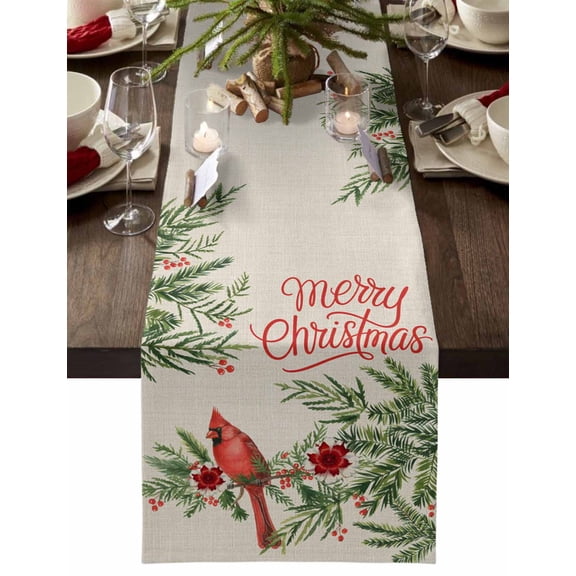 Christmas Cardinal Cotton Linen Table Runner for Dining Kitchen, Xmas Winter Pine Flower Berry on Linen Wedding Outdoor Party Tablerunners Decoration, Dresser Scarf Coffee Tablecloth Runners 13"x60"
