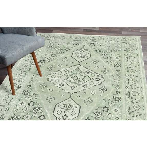 Vintage Area Rug, Nostalgic Oriental Look Floral Baroque Details and Ornaments Bohemian, Soft Carpet for Living Room Decor with Distressed Look, 6.6' X 9.6', Pale Green and Evergreen, by Ambesonne