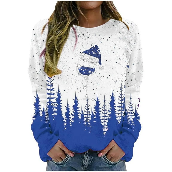 TFEOQRY Women's Christmas Sweatshirts Fashion Loose Casual Beautiful Christmas Printed Pullover Shirt Round Neck Long Sleeve Hoodless Sweatshirts Blue
