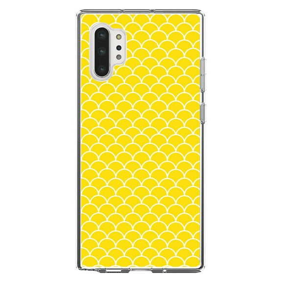 DistinctInk Clear Shockproof Hybrid Case for Galaxy Note 10 PLUS (6.8" Screen) - TPU Bumper, Acrylic Back, Tempered Glass Screen Protector - Yellow White Scalloped Pattern