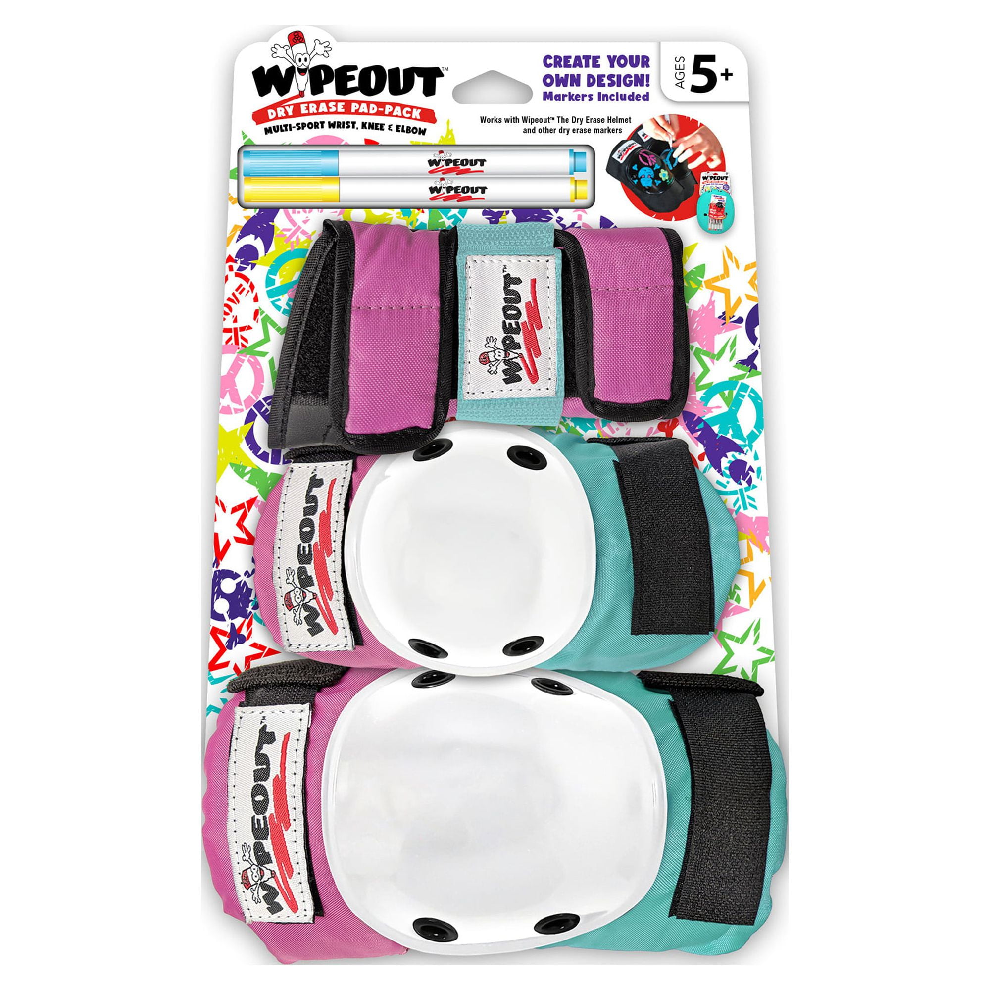 Wipeout 3 Pack Set with Wrist Guards, Knee and Elbow Pads for Bike, Skate, and Scooter, Pink/Teal